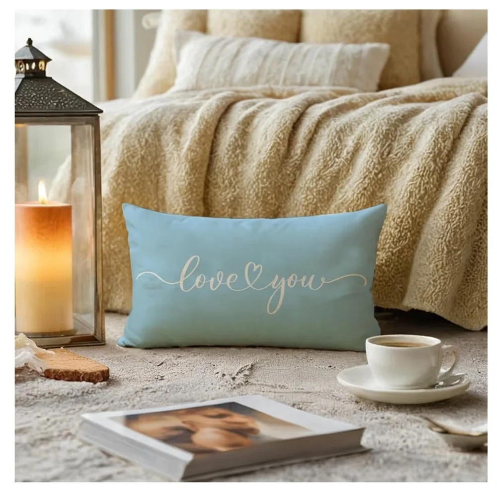 Love You Script Decorative Accent Pillow Cover - Light Blue/ leaning turquoisey